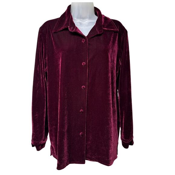 Serengeti Catalog Size Medium Burgundy Velvet Velour Collared Button Up Top - Picture 1 of 5